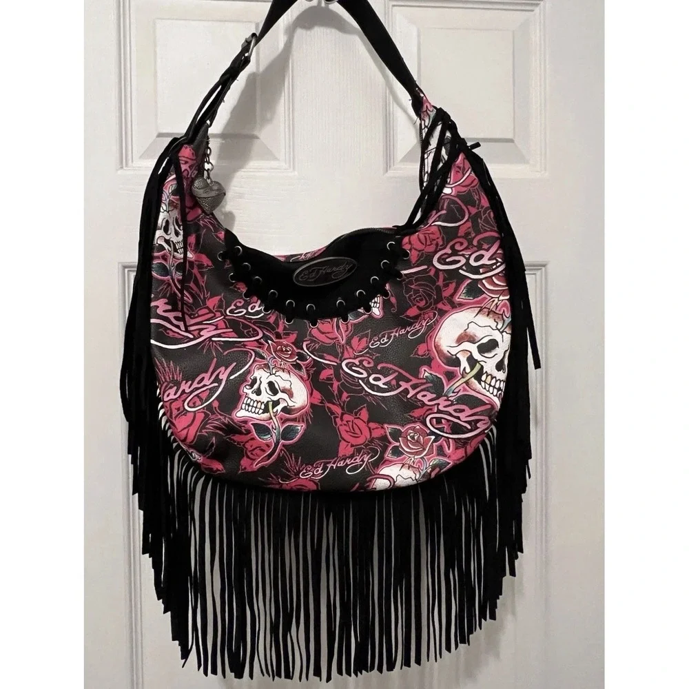NEW ED HARDY FRINGE Large Hobo Purse SKULLS  FLOWERS BLACK and Red NWT